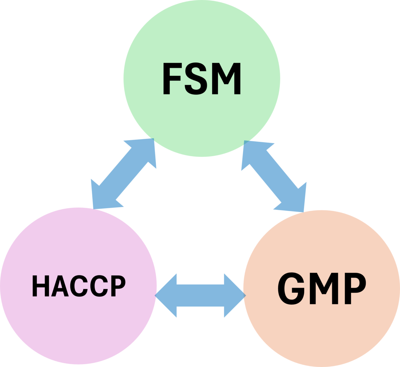 FSM、GMP、HACCPの3要素が互いに相関している図